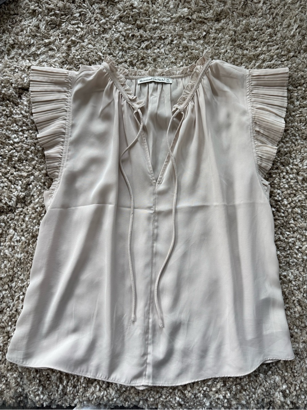 Abercrombie & Fitch Light Cream Ruffle-Sleeve Tie-Neck Blouse